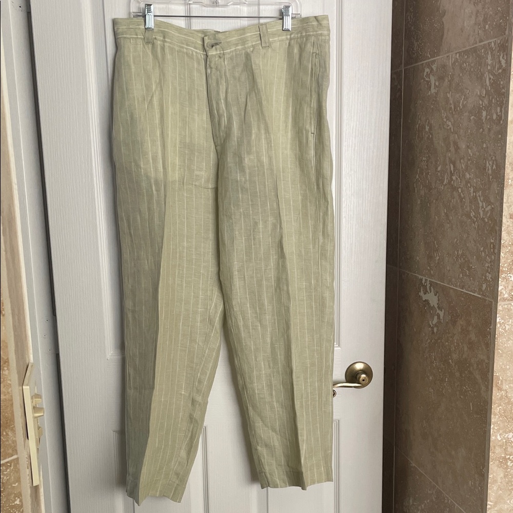 T Harris London Light Mint Green Linen Striped Pant.
